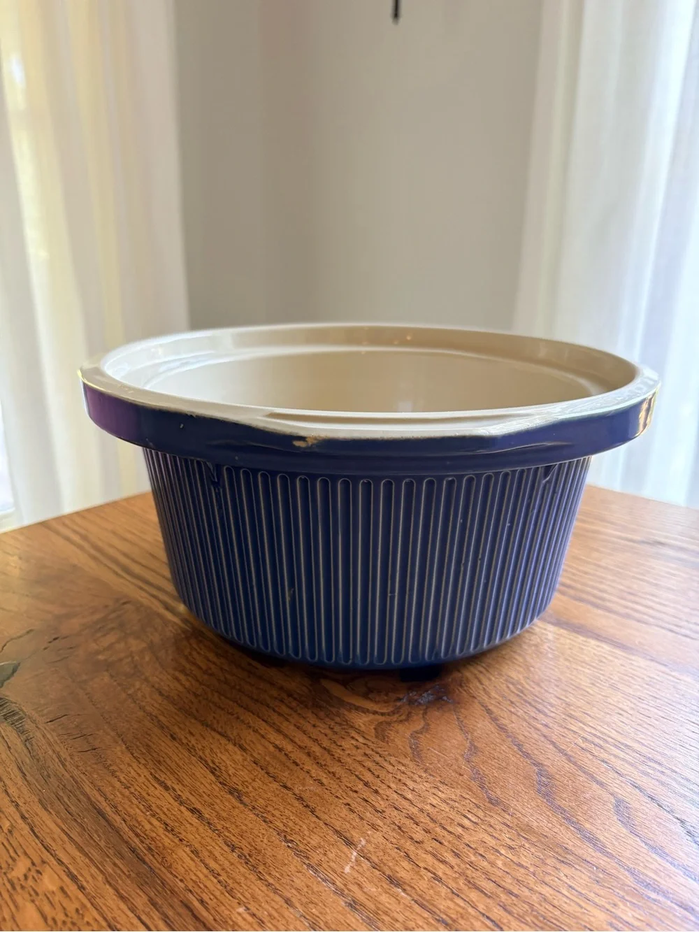Vintage blue and cream ribbed Rival Crock for crockpot-
